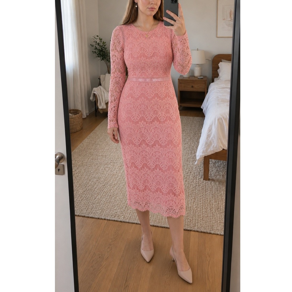 Love X Design Lace Midi Dress L Pink Long Sleeve Floral Romantic Feminine